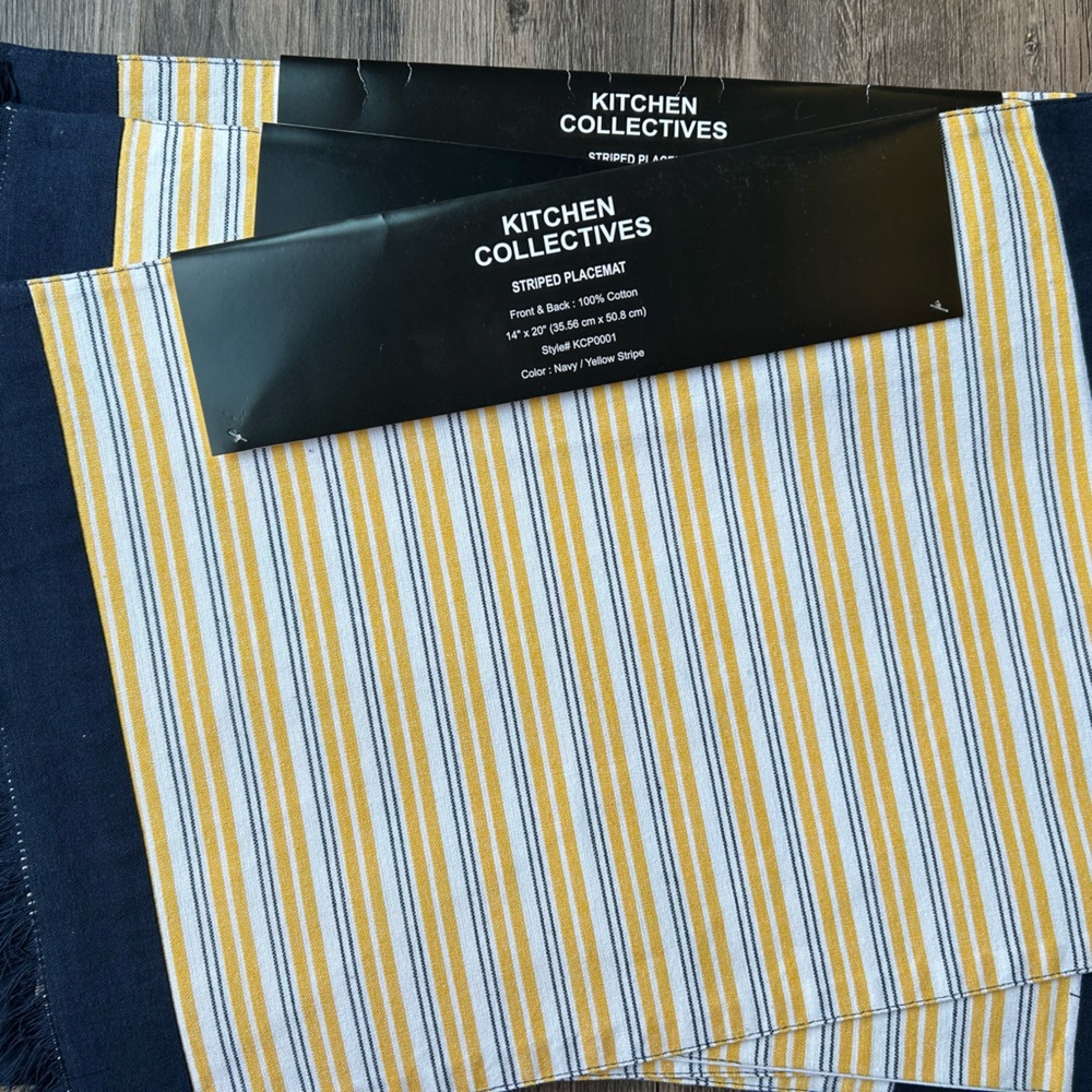 100% cotton, NWT, set of 6 placemats!Navy and Yellow Striped Placemats